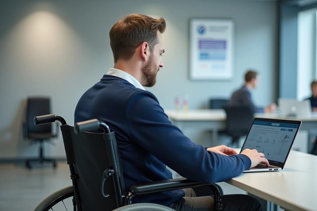 Homme en fauteuil roulant consultant le portail en ligne pour sa demande d'AAH dans un bureau de service social