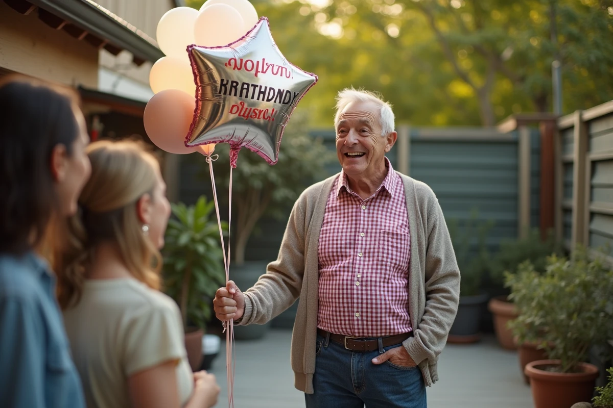 Homme de 70 ans riant avec famille lors d une fête