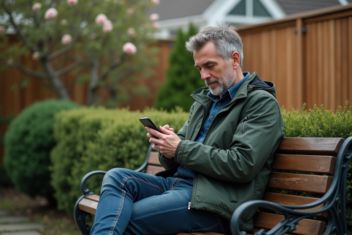 Homme d age moyen utilise une banque d energie dans le jardin