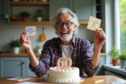 Homme souriant de 60 ans avec cartes et gâteau d'anniversaire