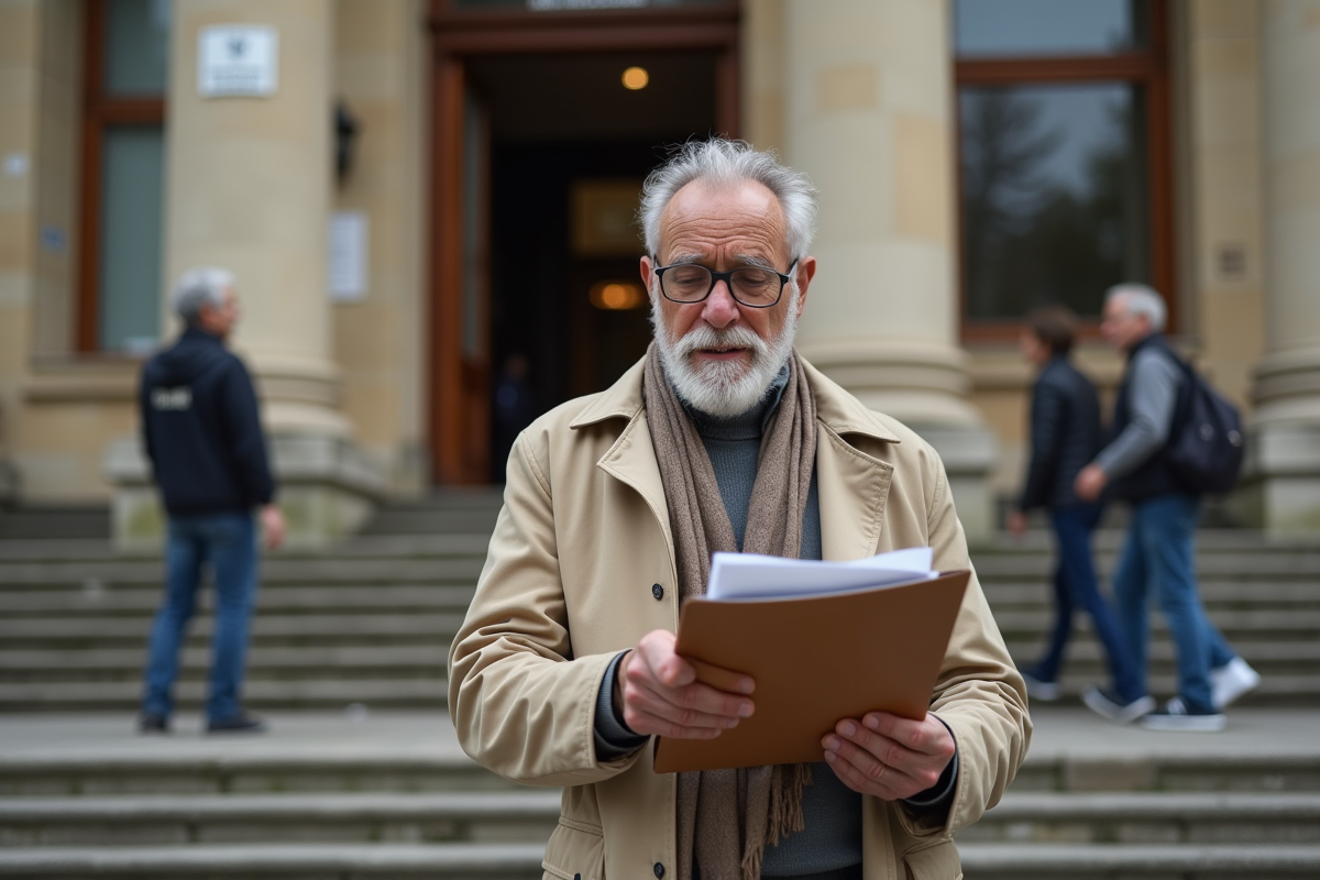 Homme âgé vérifiant des documents devant la mairie
