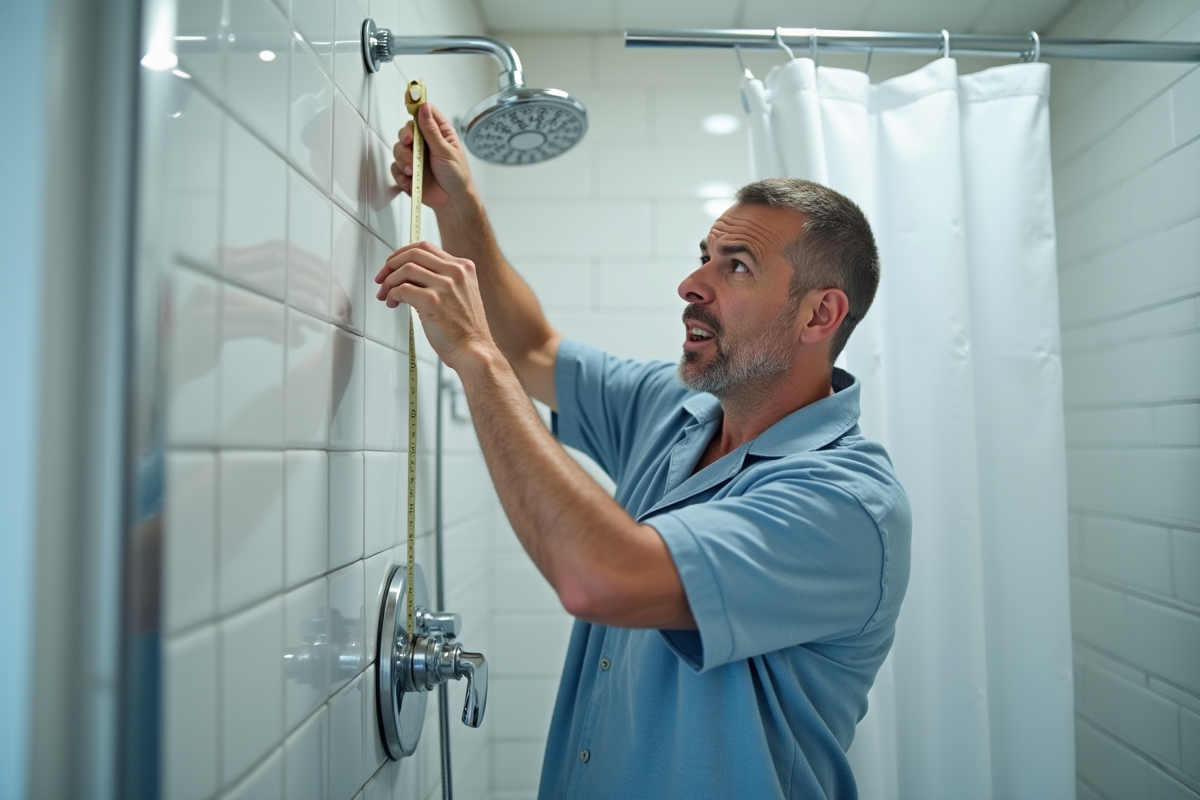 Homme moyen age mesurant la barre de douche avec un ruban