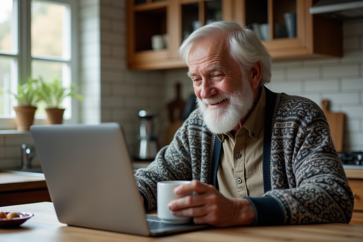 Homme âgé souriant devant son ordinateur dans la cuisine chaleureuse