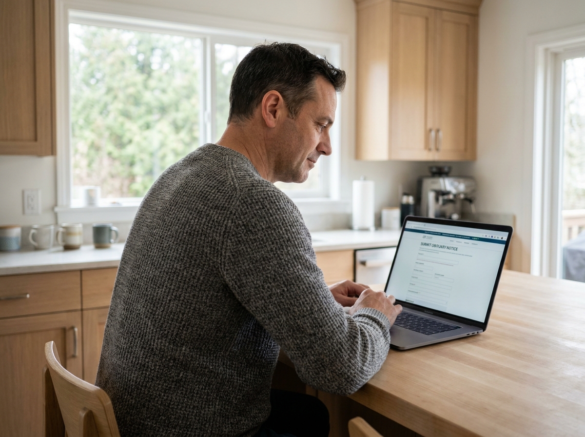 Homme consultant un formulaire en ligne pour publier un avis de décès sur un ordinateur portable dans une cuisine moderne