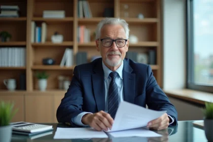 Homme d'une soixantaine d'années en costume bleu dans un bureau moderne