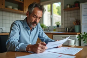 Homme d'une cinquantaine d'années consultant ses relevés de retraite carrière longue à la table de cuisine, anticipant une période de chômage