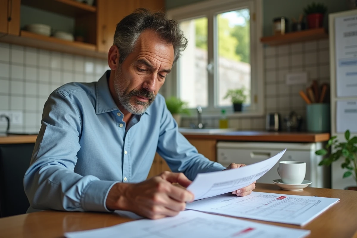 Homme d'une cinquantaine d'années consultant ses relevés de retraite carrière longue à la table de cuisine, anticipant une période de chômage
