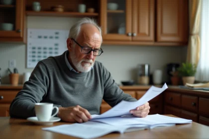 Un homme de 60 ans examine ses documents de retraite à la table de cuisine, entouré de paperasse et d'un calendrier mural
