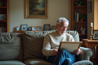 Homme retraité pensif tenant un certificat dans son salon