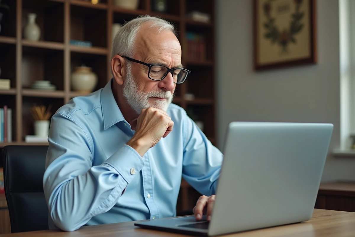 Homme senior consulte ses finances sur un ordinateur portable