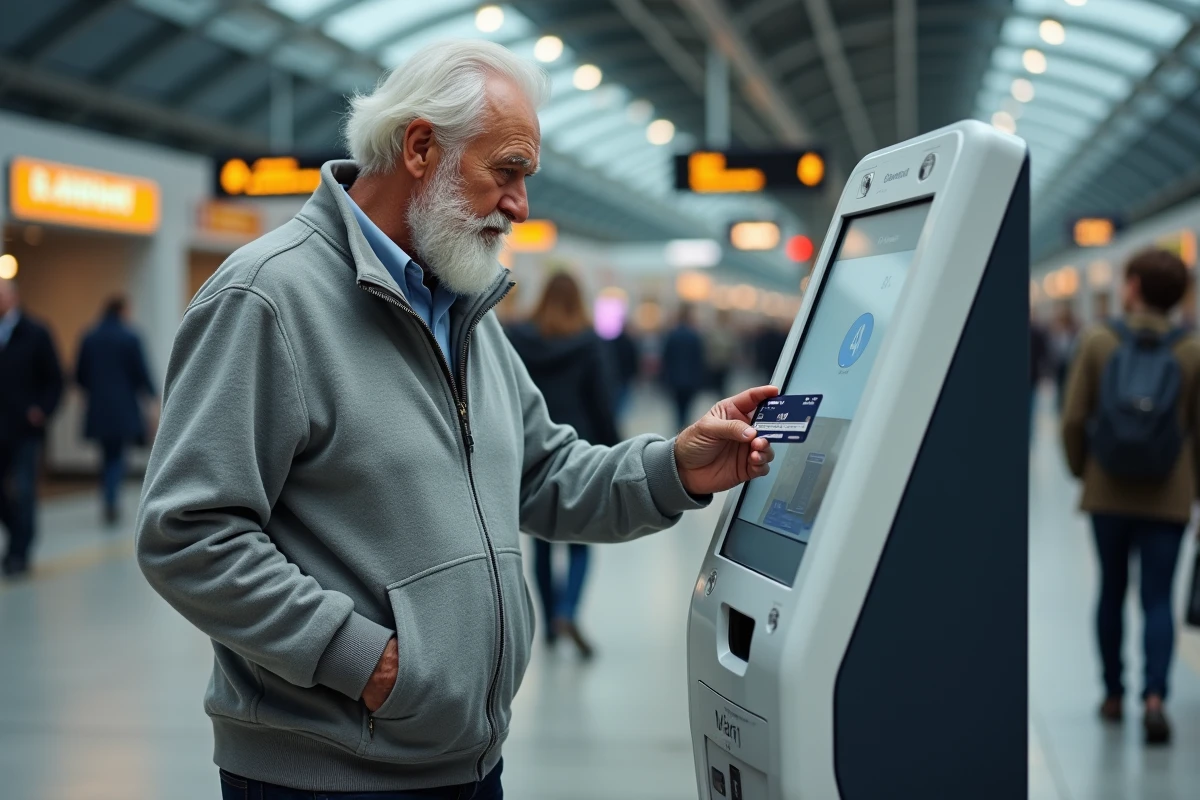 Homme senior utilisant une borne automatique en gare pour acheter un billet avec sa Carte Senior avantages