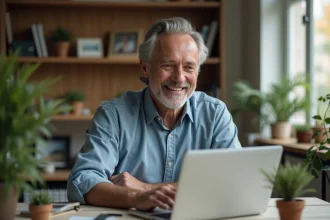 Homme senior souriant dans un bureau maison chaleureux