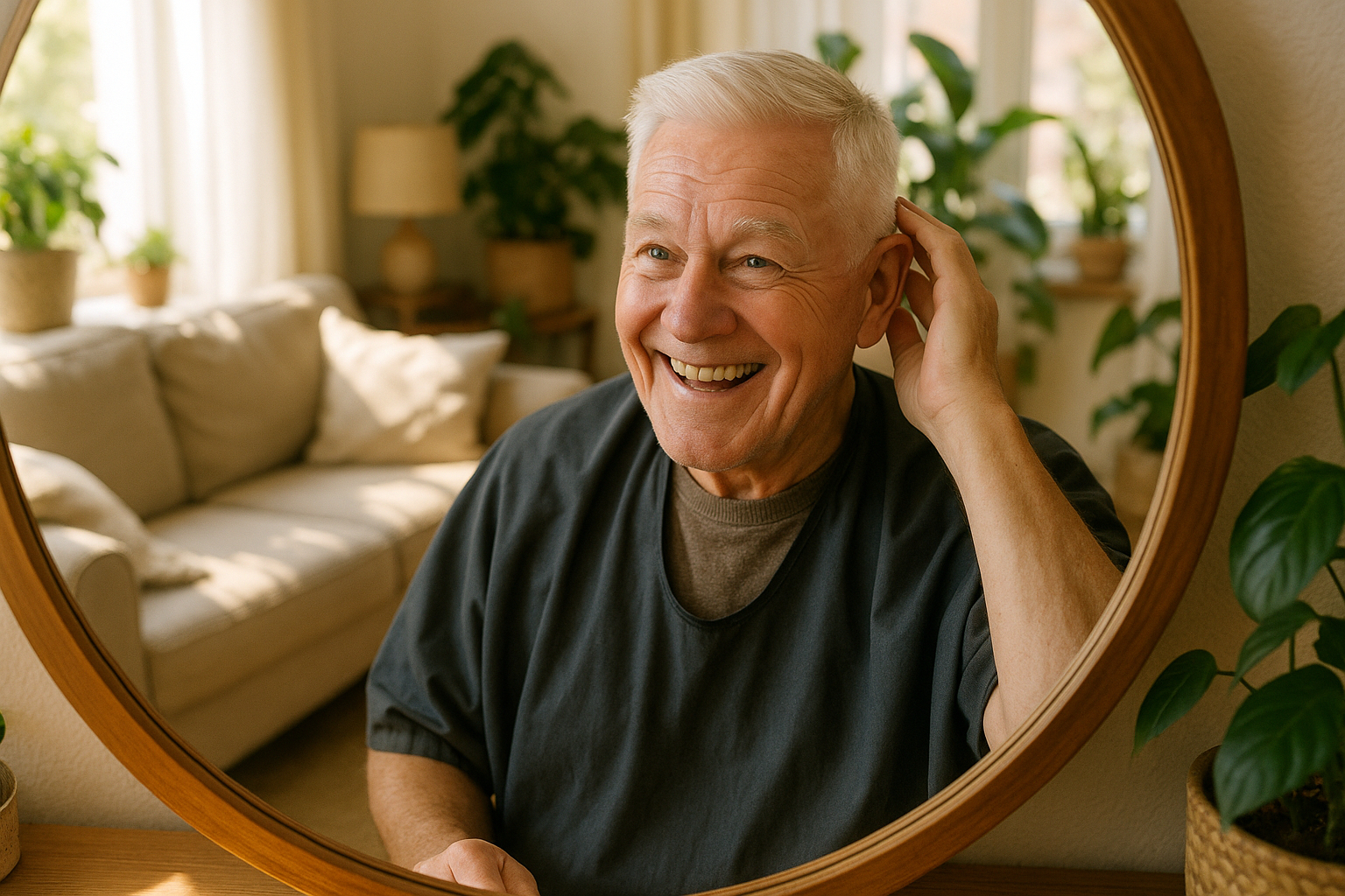 Homme senior admirant sa nouvelle coupe dans un salon lumineux