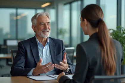 Homme senior confiant en discussion dans un bureau moderne