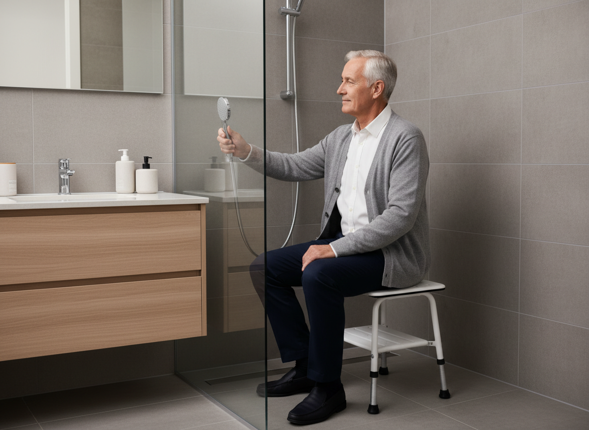 Homme senior assis dans douche avec pomme de main