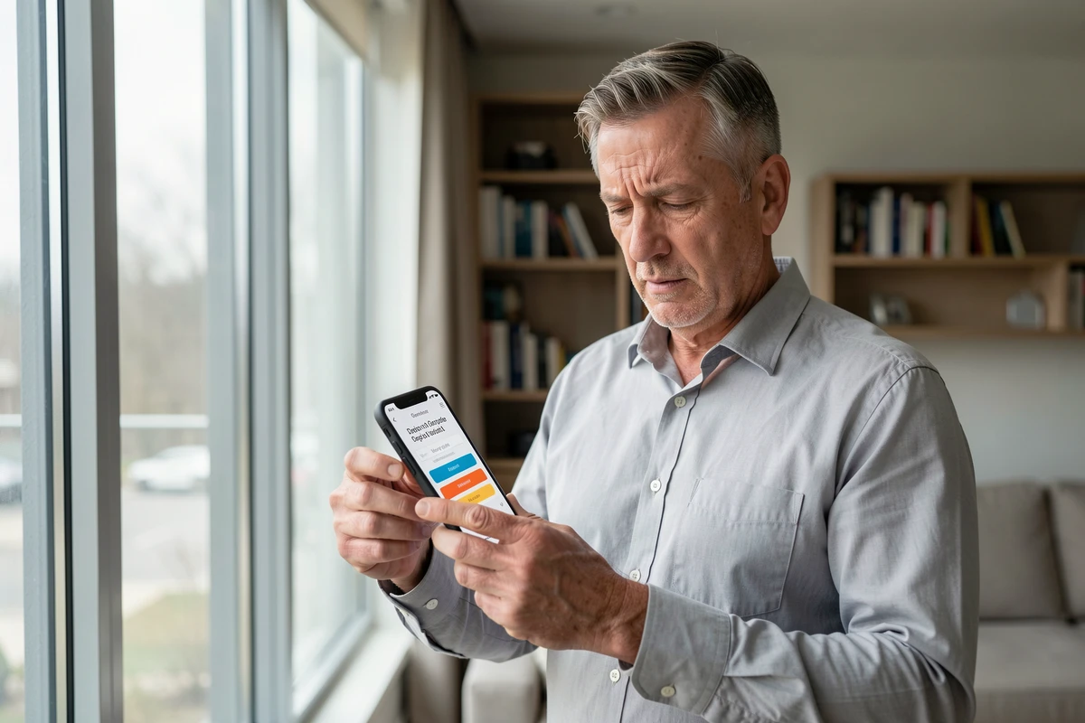 Homme senior frustré lisant les instructions d'inscription sur une application de rencontres pour seniors depuis son smartphone