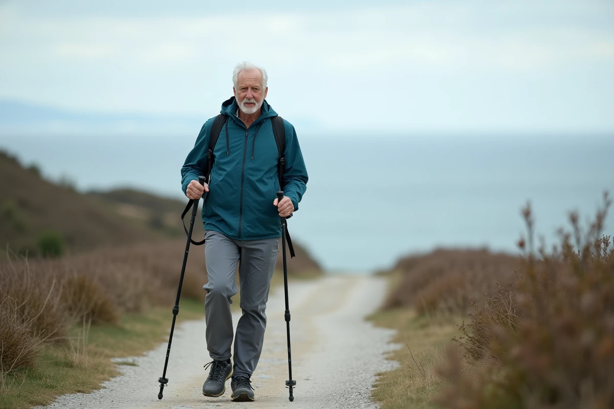 Homme de 68 ans en marche nordique sur un chemin côtier avec bâtons, démontrant un rythme de marche adapté aux seniors