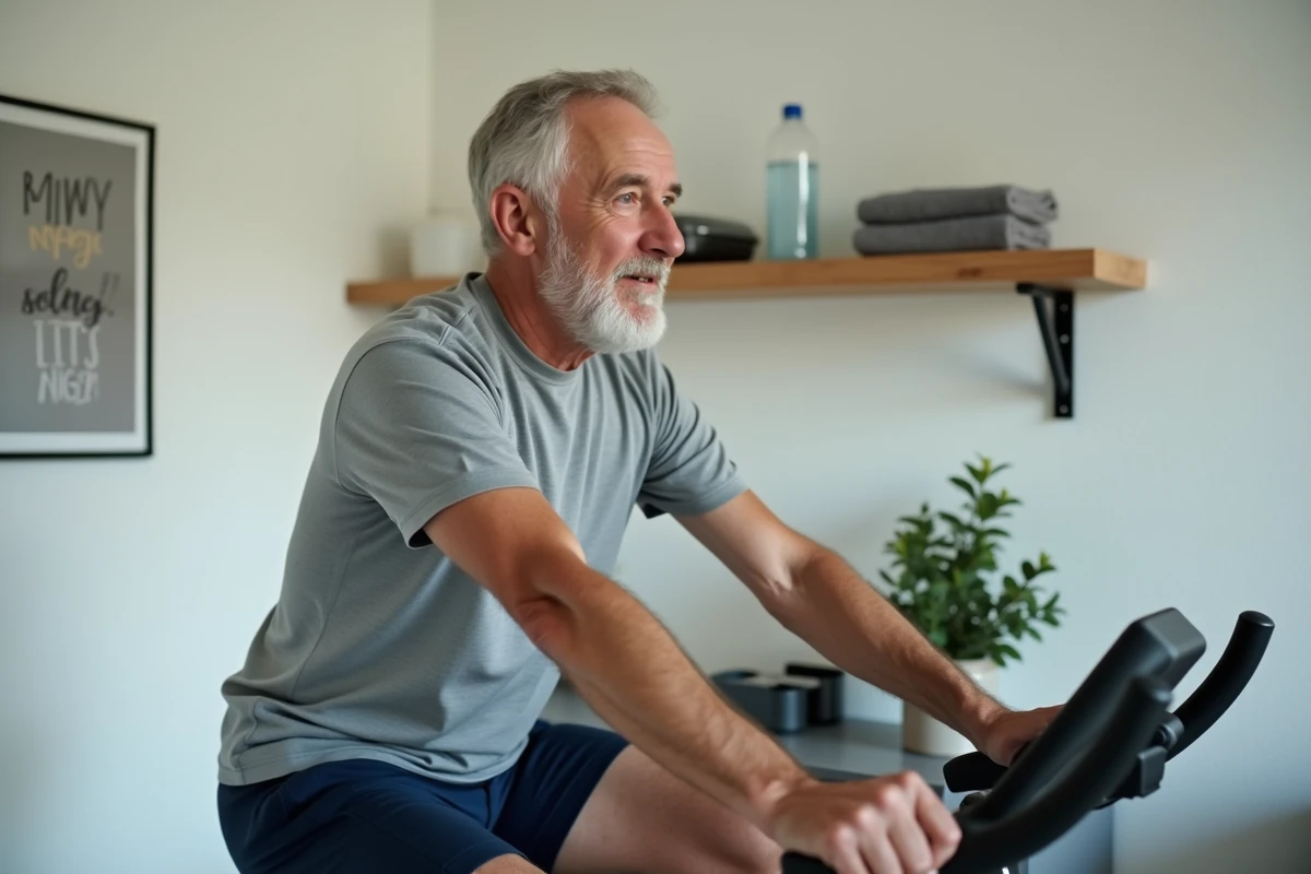 Homme senior en tenue de sport pédalant sur un vélo d