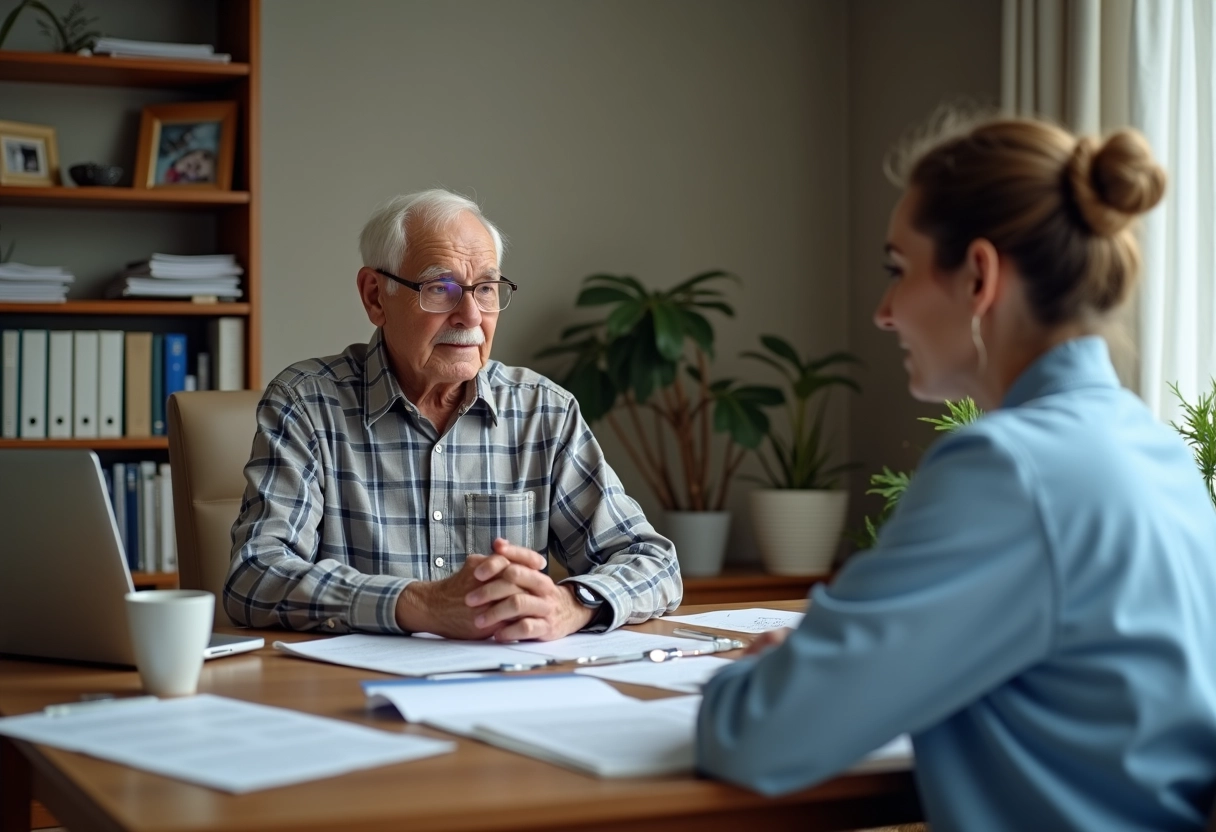 Homme âgé discutant avec une professionnelle de santé dans un bureau