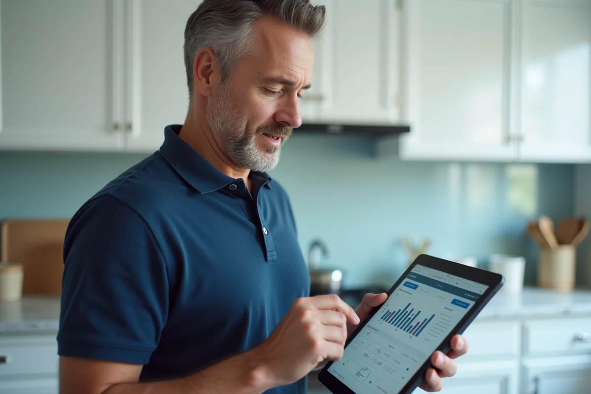 Homme consultant une application de suivi de données sur tablette dans une cuisine moderne