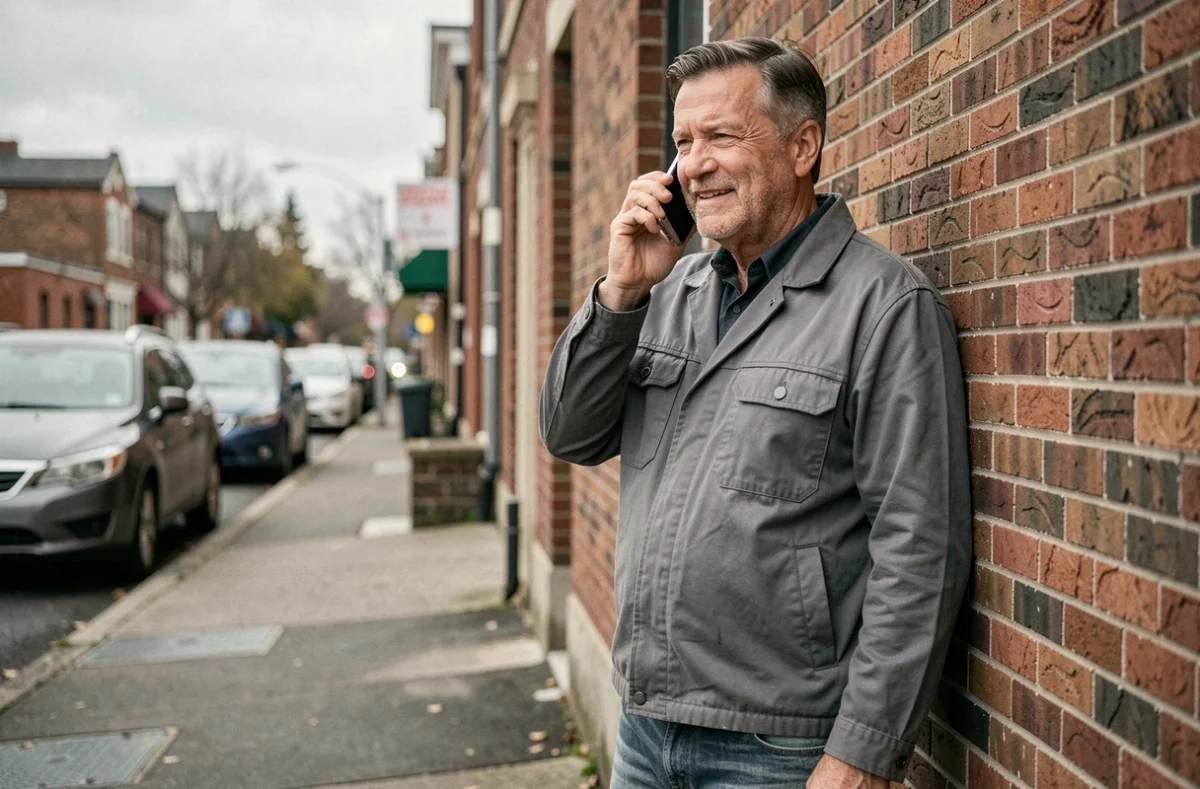 Un homme d'âge mûr passe un appel téléphonique avec un mobile basique dans une rue urbaine