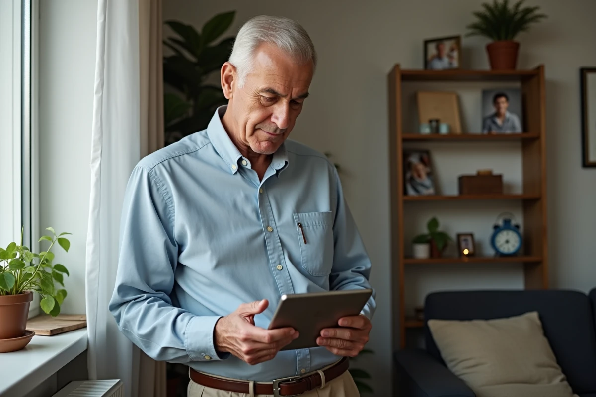 Homme vérifie son montant de pension sur une tablette dans le salon