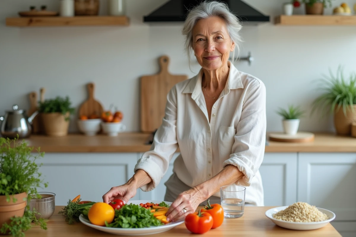Une femme âgée prépare un repas sain et équilibré dans sa cuisine, adoptant une bonne hygiène de vie comme base d'autonomie
