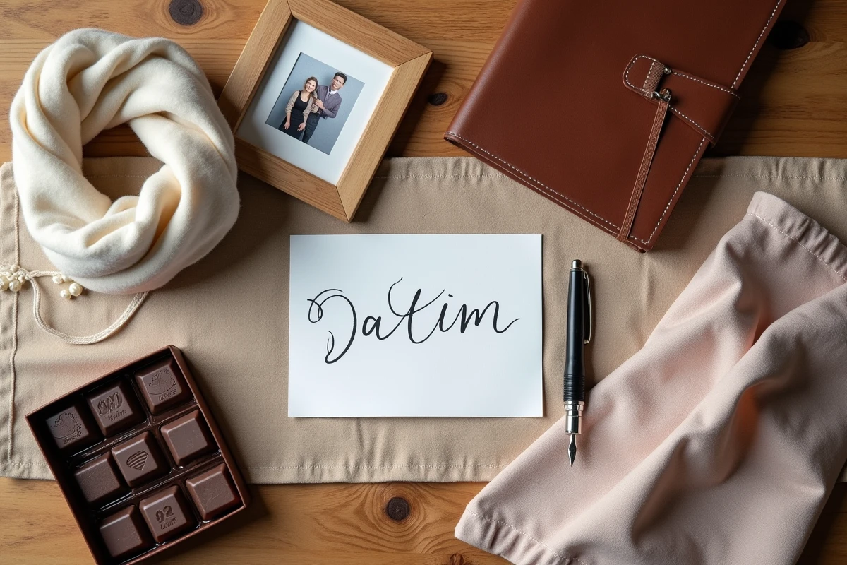 Sélection de cadeaux raffinés pour un anniversaire de 90 ans disposés en flat-lay sur une table en bois rustique