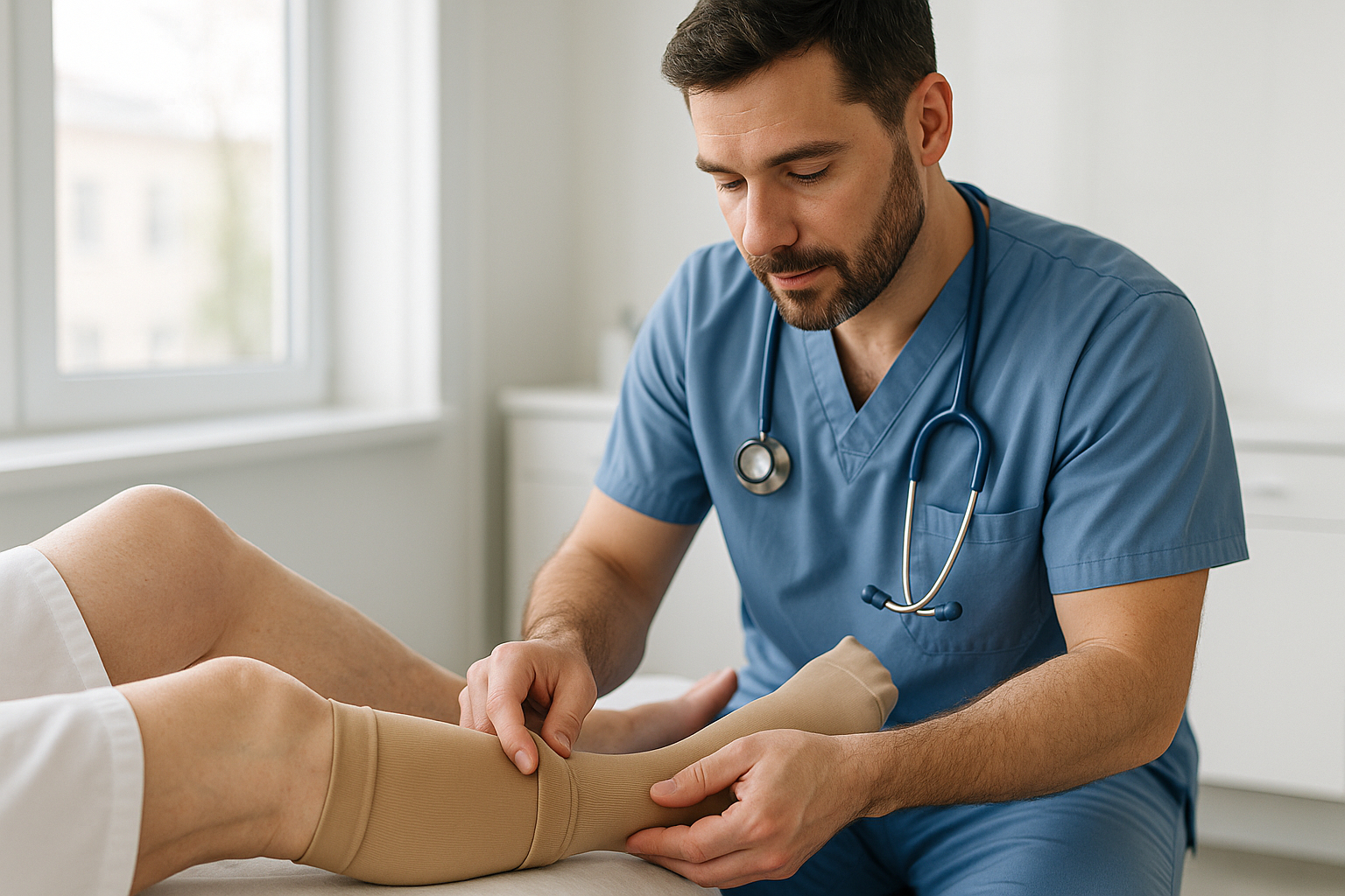 Infirmier posant doucement des bas de compression sur les jambes d