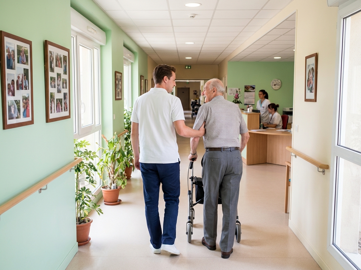 Infirmier aidant un résident avec un déambulateur dans le couloir