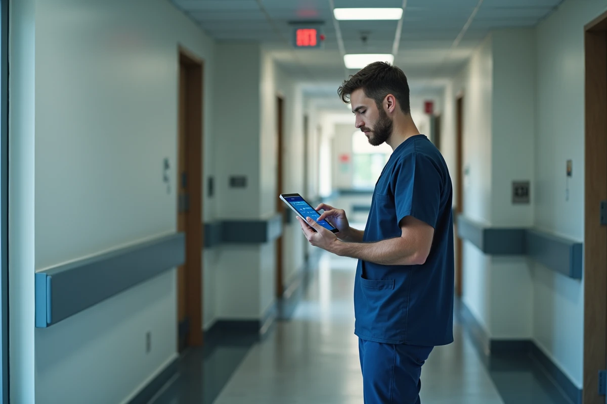 Infirmier consultant un tableau de bord d'alertes de chute sur tablette dans le couloir d'une maison de retraite