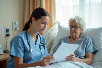 Infirmière évaluant le score ADL d'une patiente âgée dans une chambre d'hôpital moderne