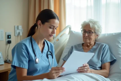 Infirmière évaluant le score ADL d'une patiente âgée dans une chambre d'hôpital moderne