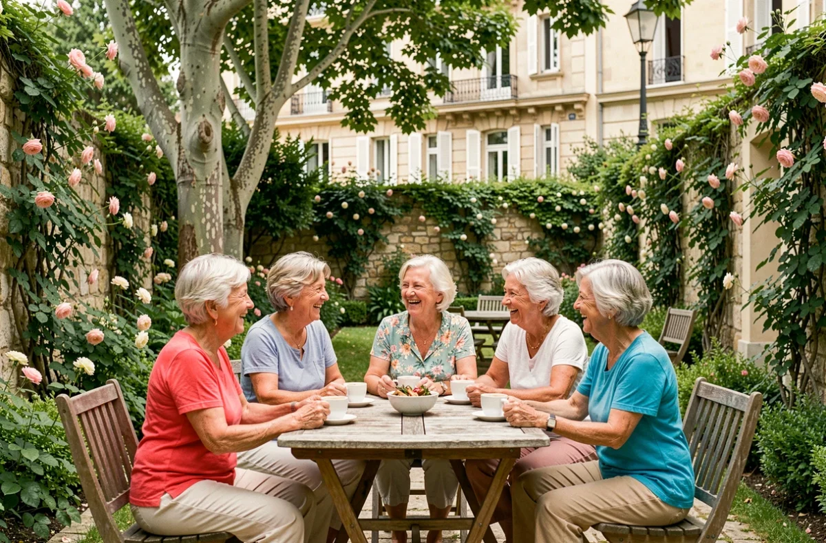 Résidentes partageant un café dans le jardin des Jardins d'Arcadie de Marseille Carré Saint-Lazare