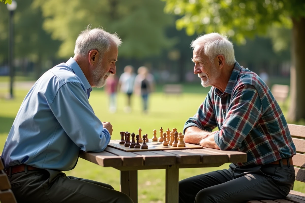 Homme âgé jouant aux échecs avec sa fille au parc ensoleille