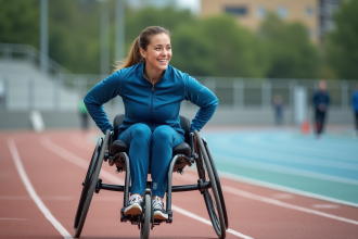 Jeune femme en tenue de sport poussant son fauteuil sur la piste