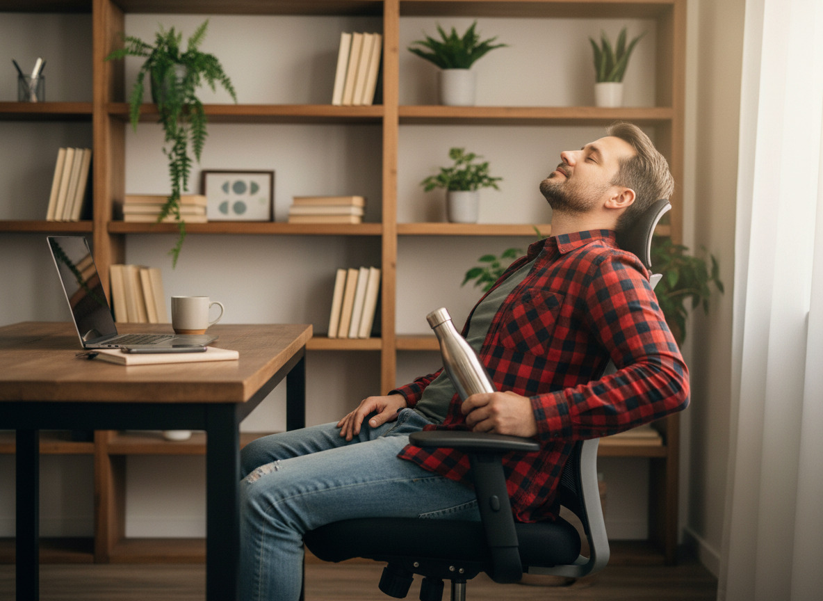 Jeune homme détendu dans un bureau avec bouteille d