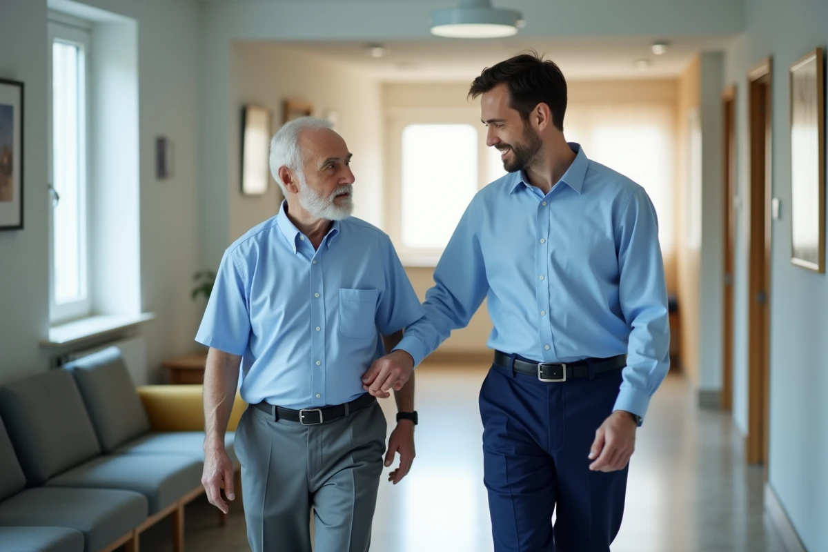 Jeune professionnel aidant un senior lors d