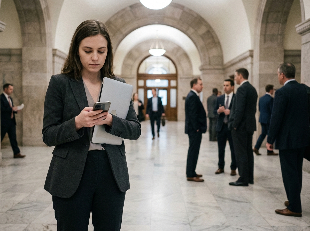 Jeune femme en costume dans un couloir de tribunal