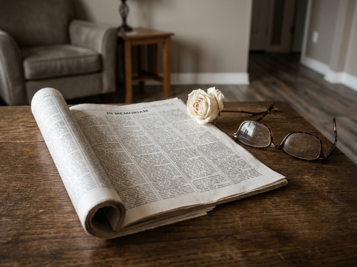 Journal imprimé ouvert sur une page d'avis de nécrologie avec des lunettes de lecture et une fleur blanche posées dessus
