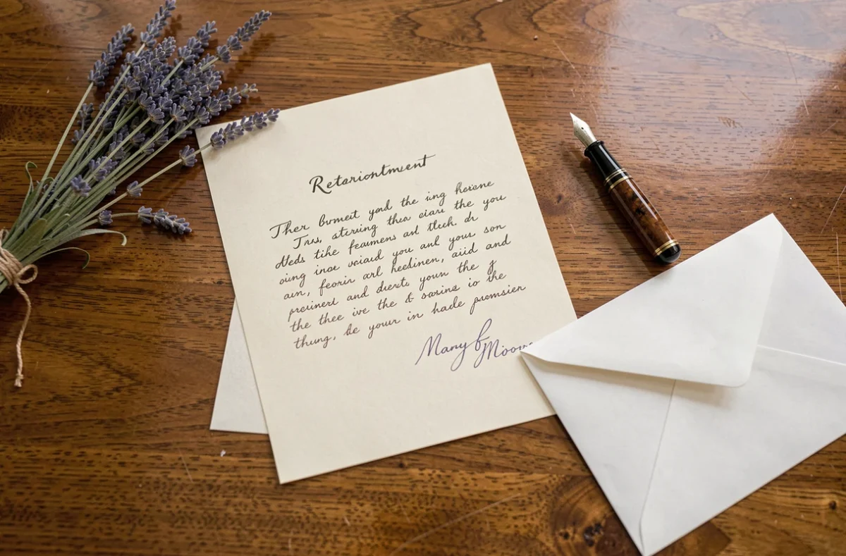 Lettre de retraite manuscrite avec stylo plume et enveloppe sur bureau en bois
