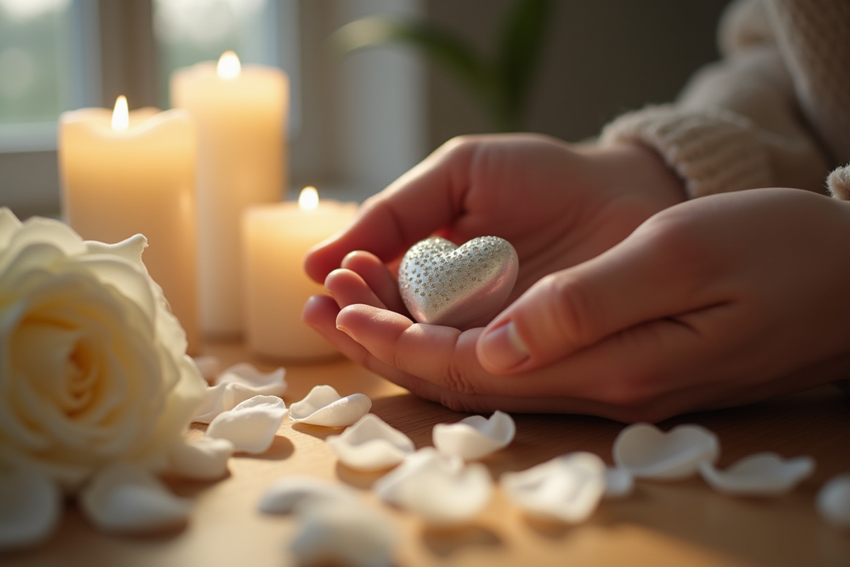Mains déposant un objet de souvenir parmi des bougies
