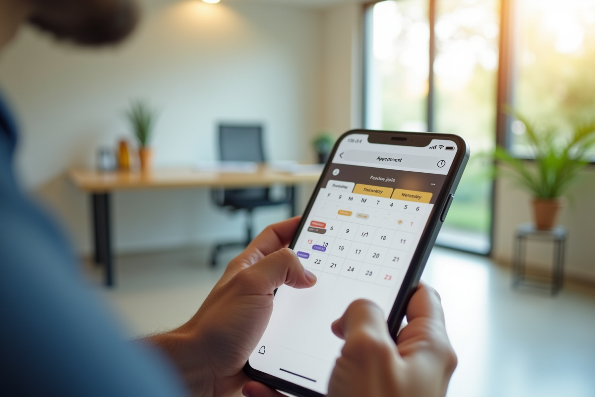 Main tenant un smartphone affichant un calendrier pour un rendez-vous retraite