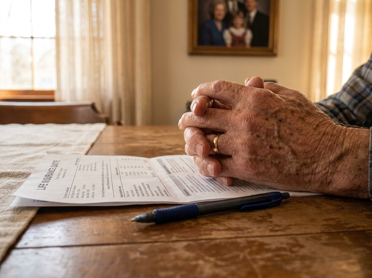 Mains de personne âgée posées sur un devis d'assurance obsèques