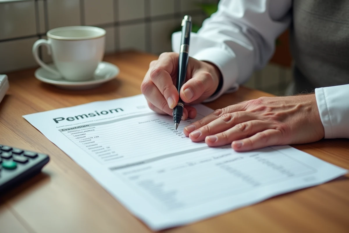 Mains annotant un relevé de pension de retraite sur une table de cuisine avec calculatrice et café
