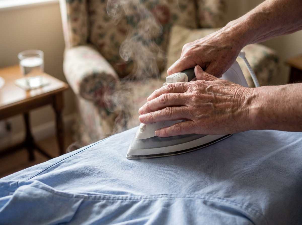 Gros plan sur des mains de senior repassant une chemise bleue avec un fer à vapeur, détail intime du quotidien à domicile