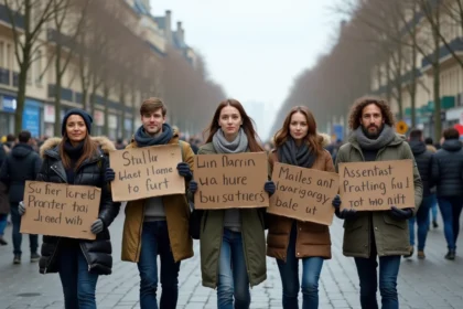 Manifestants adultes tenant des pancartes lors d'un cortège syndical dans une avenue parisienne, ambiance de grève citoyenne