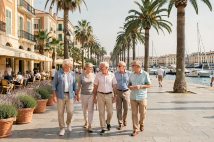 Groupe de seniors se promenant dans une résidence à Marseille avec vue sur la ville méditerranéenne