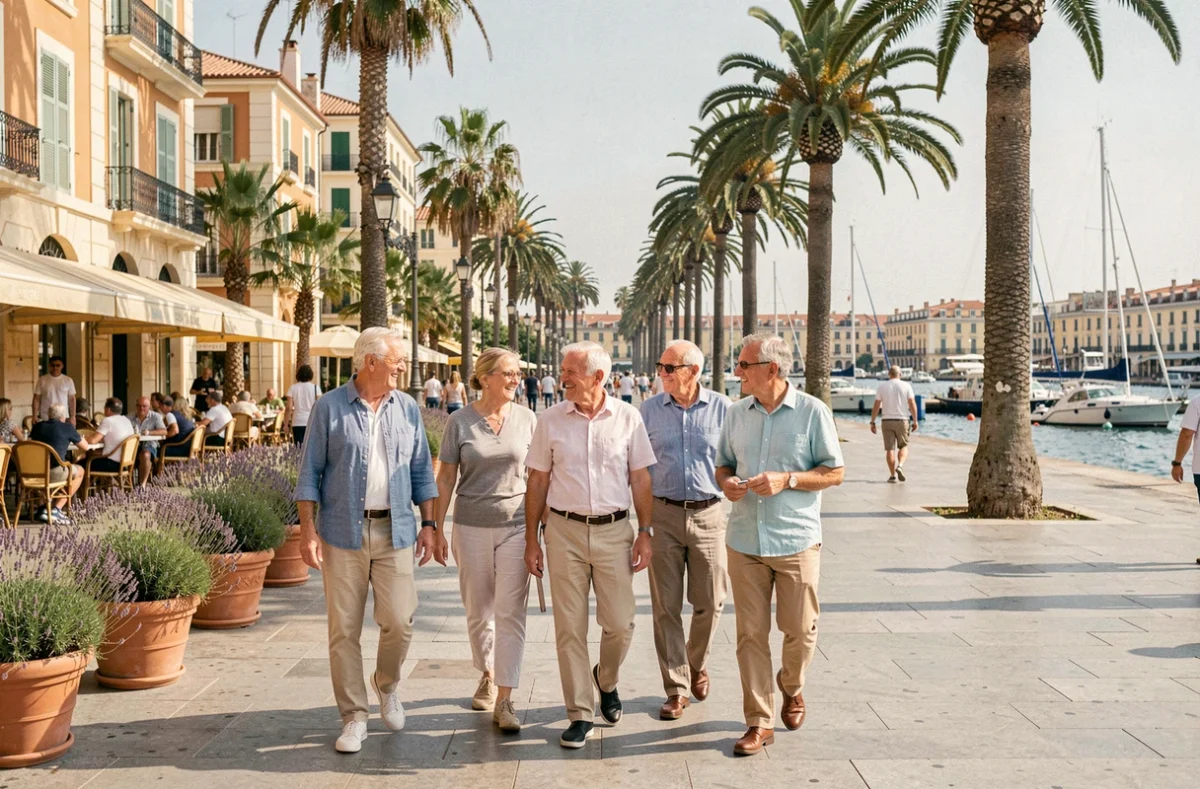 Groupe de seniors se promenant dans une résidence à Marseille avec vue sur la ville méditerranéenne