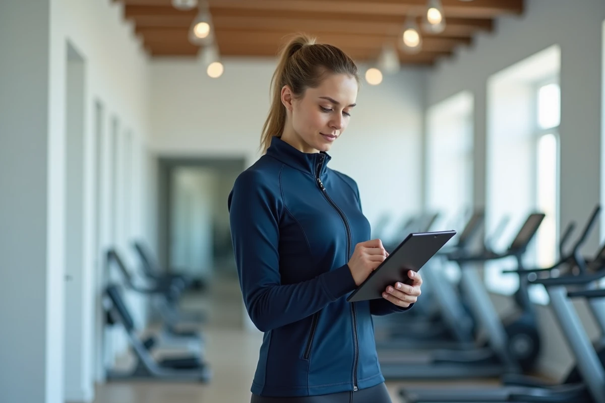 Femme membre de Quintonic Paris consultant son suivi d'entraînement sur une tablette dans un centre de remise en forme moderne